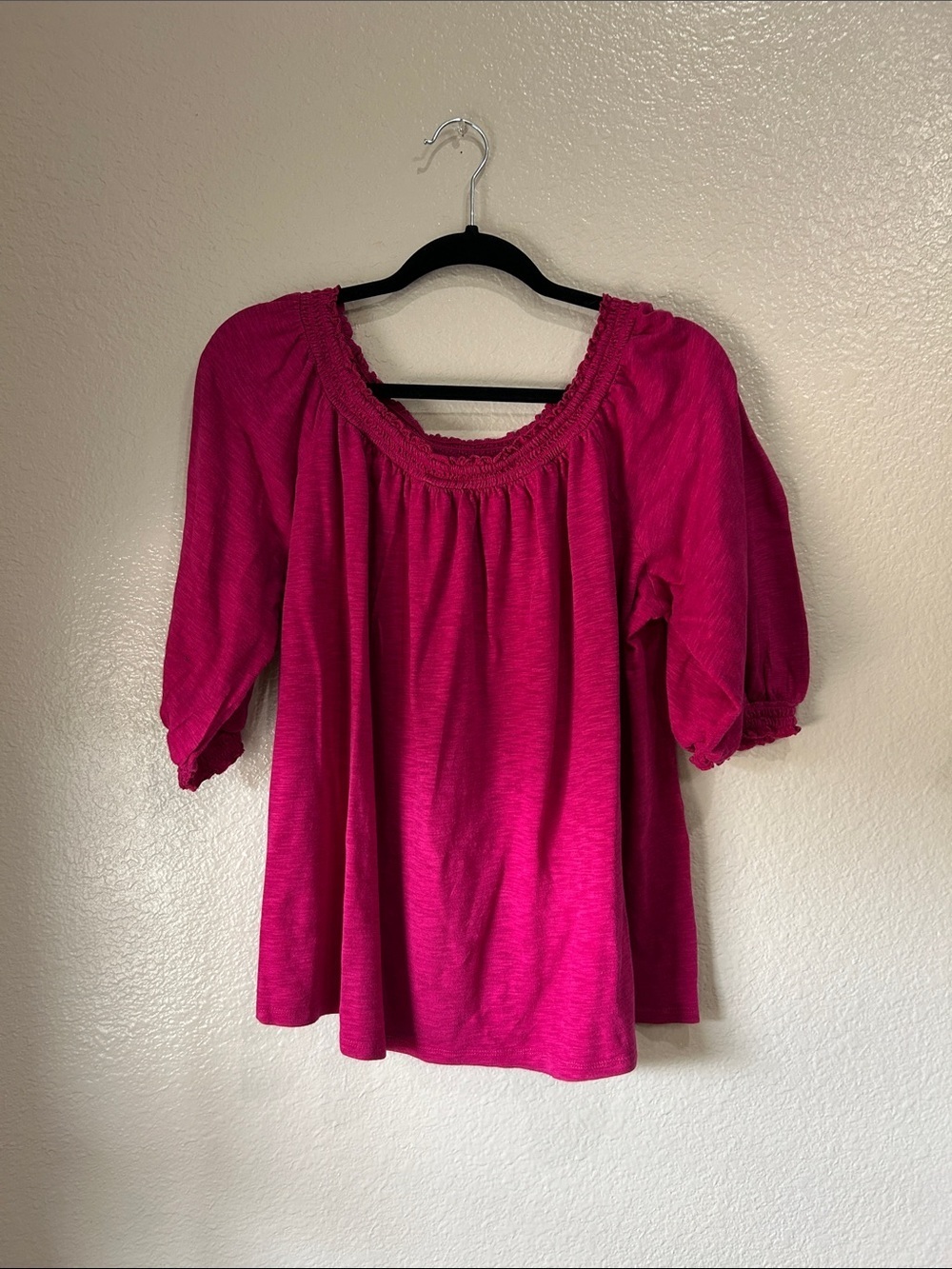 Knox Rose Women’s Fuchsia Peasant Tunic with Smocked Neckline Sz L boho TC0027
